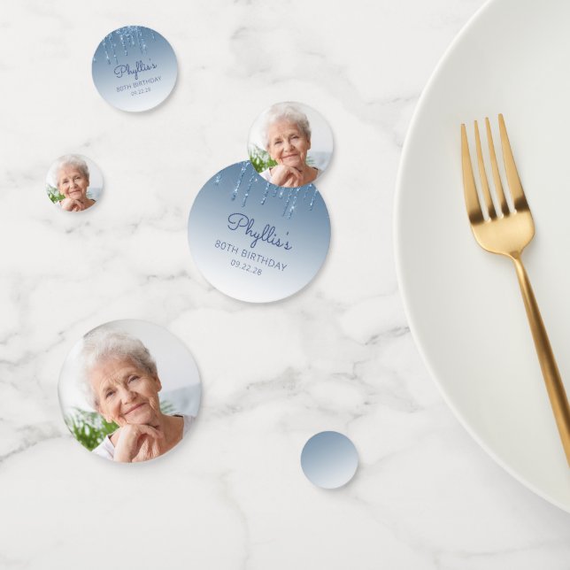 Custom Photo Glam Blue Glitter Drip 80th Birthday Confetti (Group)