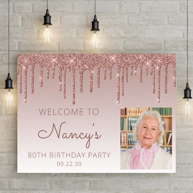 Custom Photo Glam Rose Gold 80th Birthday Welcome Poster (Creator Uploaded)