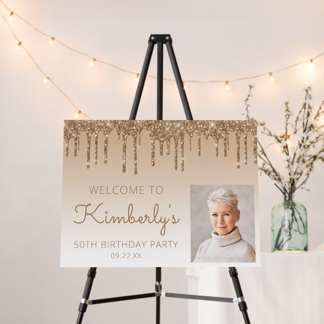 Custom Photo Gold 50th Birthday Welcome Foam Board (In Situ (Stand))