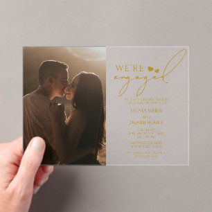 Custom photo, gold acrylic engagement party acrylic invitations