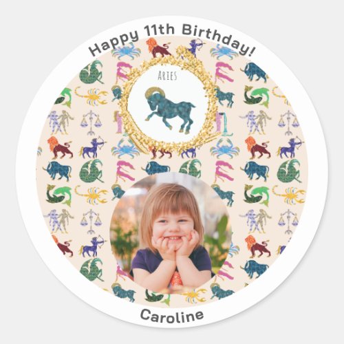 Custom Photo  Gold Aries Happy Birthday Classic Round Sticker