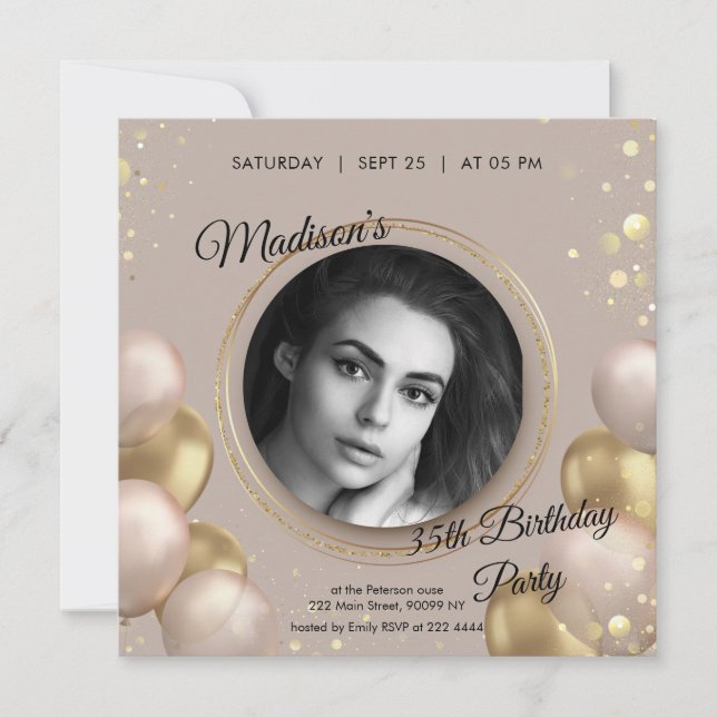 Custom Photo Gold & Beige Birthday Invitation (Front)