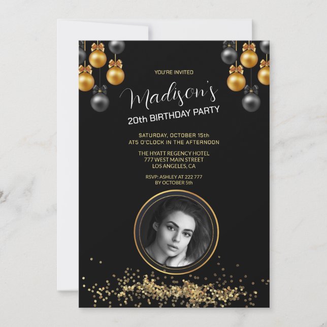 Custom Photo Gold & Black Birthday Invitation (Front)