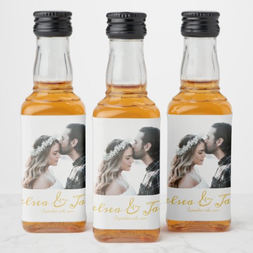 Custom Photo Gold Calligraphy Wedding Favor Liquor Bottle Label