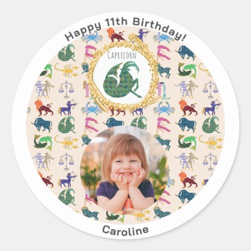 Custom Photo  Gold Capricorn Happy Birthday Classic Round Sticker