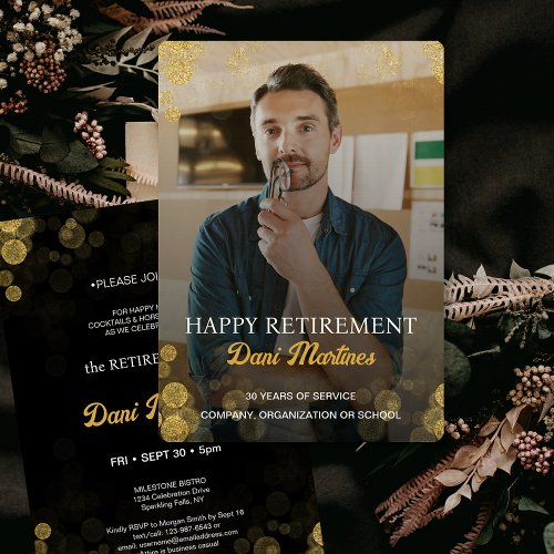 Custom Photo Gold Confetti Happy Retirement Party 