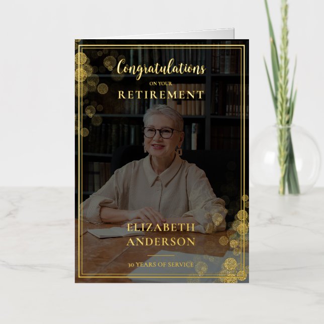 Custom Photo Gold Confetti Retirement Employee Foil Greeting Card (Front)