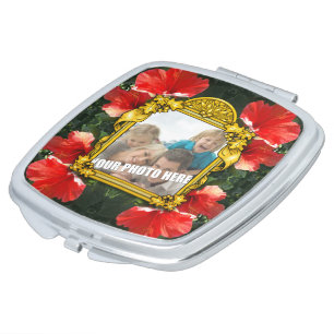 Custom Photo Gold Frame on Red Hibiscus Mirror For Makeup