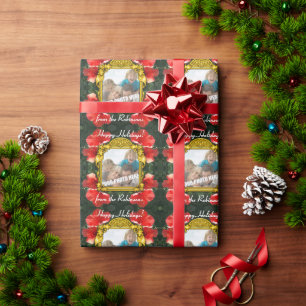 Custom Photo Gold Frame on Red Hibiscus Wrapping Paper