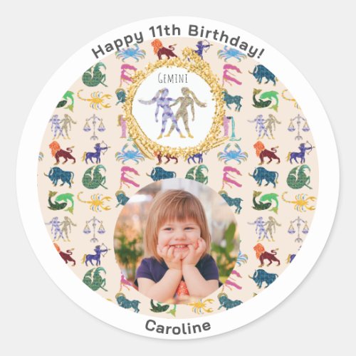 Custom Photo  Gold Gemini Happy Birthday Classic Round Sticker