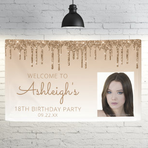Custom Photo Gold Glitter Drip 18th Birthday Party Banner