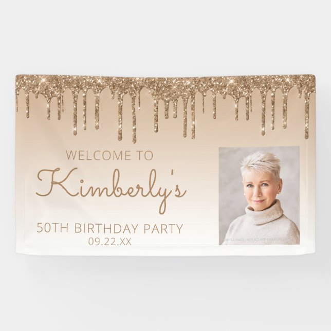 Custom Photo Gold Glitter Drip 50th Birthday Party Banner (Horizontal)