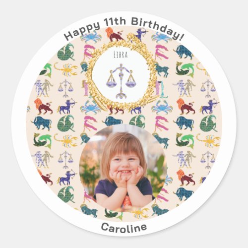 Custom Photo  Gold Libra Happy Birthday Classic Round Sticker