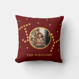 Custom Photo Gold maroon red Christmas Holiday  Throw Pillow