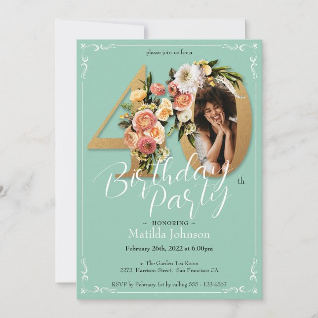 Custom Photo Gold Mint Floral 40th Birthday  Invitation (Front)