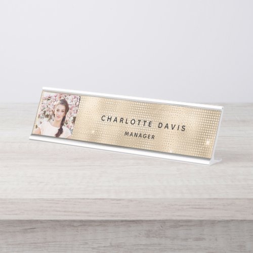 Custom photo gold monogram modern desk name plate