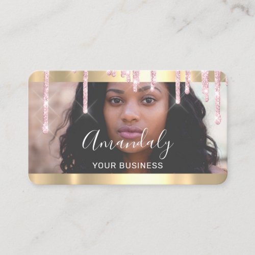 Custom Photo Gold Pink Drips Frame QrCode Logo   Business Card