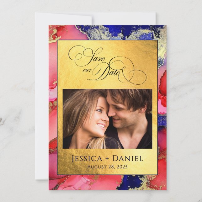 *Custom Photo Gold Red Blue Wedding Flat Save The Date (Front)