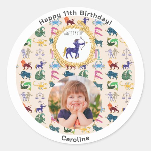 Custom Photo  Gold Sagittarius Happy Birthday Classic Round Sticker