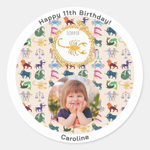 Custom Photo  Gold Scorpio Happy Birthday Classic Round Sticker