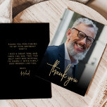 Custom Photo Gold Script 70th Birthday Party Thank You Card<br><div class="desc">The front of this 70th birthday invitation features the guest of honor's photo with the words "thank you" in modern gold-colored handwriting script overlay. A dark screen helps make the text pop. Customize the reverse side with your personal message in gold-colored sans serif font and your name in script on...</div>
