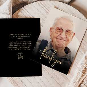 Custom Photo Gold Script 90th Birthday Party Thank You Card