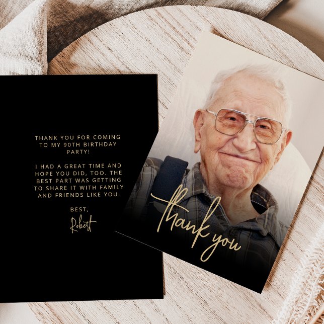 Custom Photo Gold Script 90th Birthday Party Thank You Card (Creator Uploaded)
