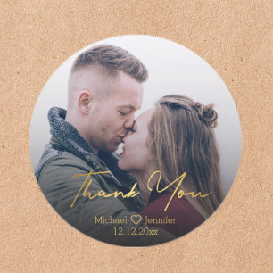 Custom Photo Gold Script Wedding Thank You Classic Round Sticker