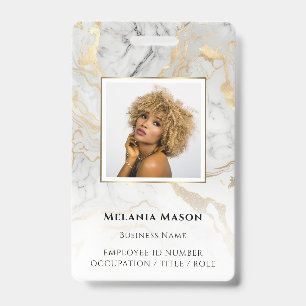 Custom Photo Gold White Marble Elegant Staff Badge
