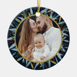 Custom Photo Golden Botany Christmas Ceramic Ornament