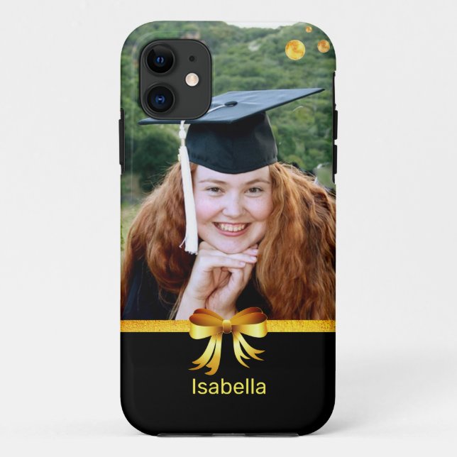 Custom photo & golden ribbon on black Case-Mate iPhone case (Back)