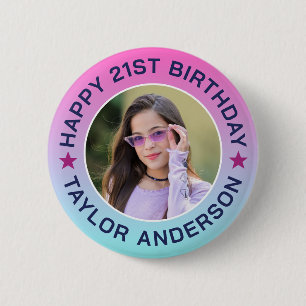Custom Photo Gradient Pattern Retro Happy Birthday Button