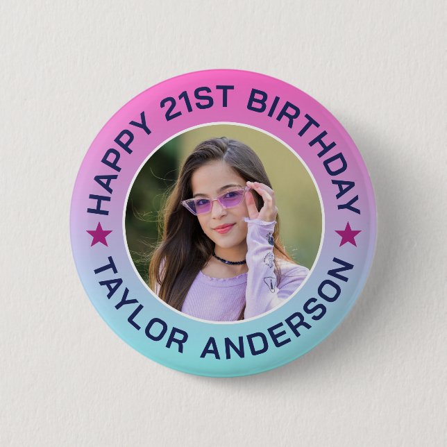 Custom Photo Gradient Pattern Retro Happy Birthday Button (Front)