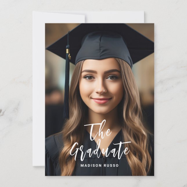 Custom Photo Graduate Elegant Gold White Script Invitation (Front)