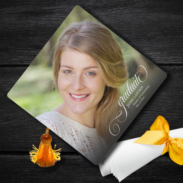 Custom Photo Graduate Script Calligraphy Graduation Cap Topper (custom photo graduation cap topper with script calligraphy and custom name university class year)