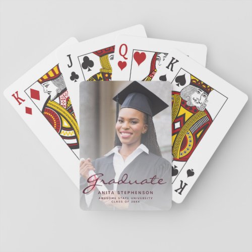 Custom Photo Graduation Burgundy Script Playing Cards
