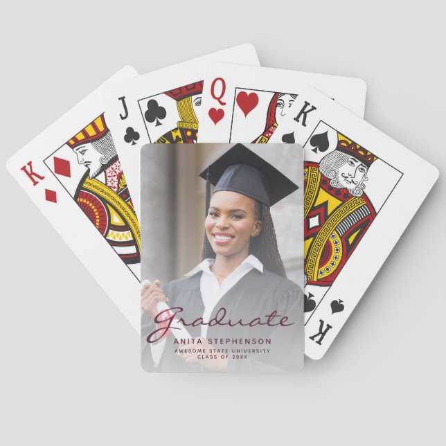 Custom Photo Graduation Burgundy Script Poker Cards (Back)
