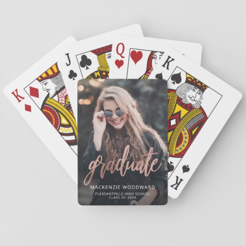 Custom Photo Graduation Rose Gold Script Poker Cards