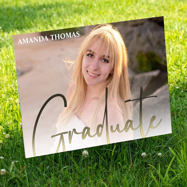 Custom Photo Graduation Script Party Custom Sign (Custom graduation photo yard sign with elegant script typography.)