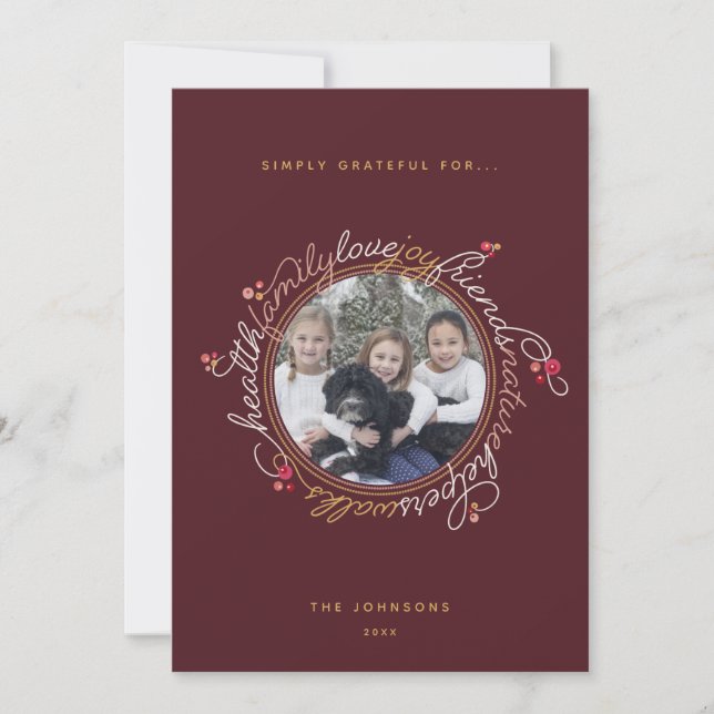 Custom Photo Gratitude Wreath Photo Holiday Card (Front)