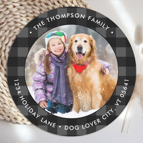 Custom Photo Gray Buffalo Plaid Return Address Classic Round Sticker