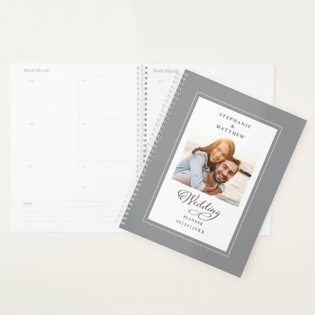 Custom Photo Gray White Wedding Elegant Script Planner (Display)