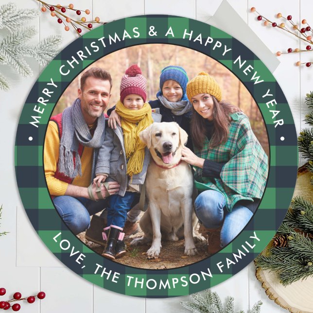 Custom Photo Green Buffalo Plaid Merry Christmas Classic Round Sticker (Creator Uploaded)