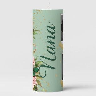 Custom Photo Green Butterflies Floral Mom Grandma Pillar Candle