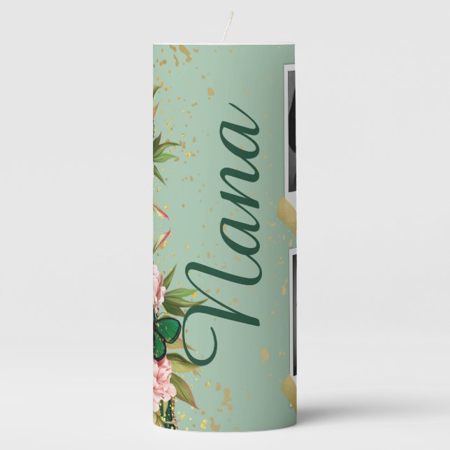 Custom Photo Green Butterflies Floral Mom Grandma  Pillar Candle (Front)
