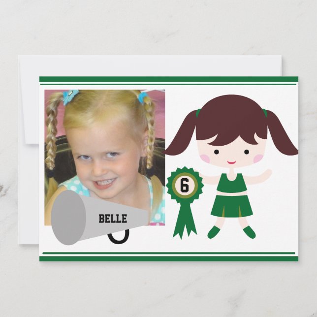 Custom Photo Green Cheerleader Birthday Invite (Front)