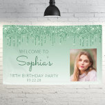 Custom Photo Green Glitter Drip 18th Birthday Banner<br><div class="desc">Welcome guests with this chic, glamorous 18th birthday party photo banner, featuring a sparkly green faux glitter drip border and green ombre background. Easily replace the sample image with a photo of the guest of honor. Personalize it with her name in green handwriting script, with the birthday and date below...</div>