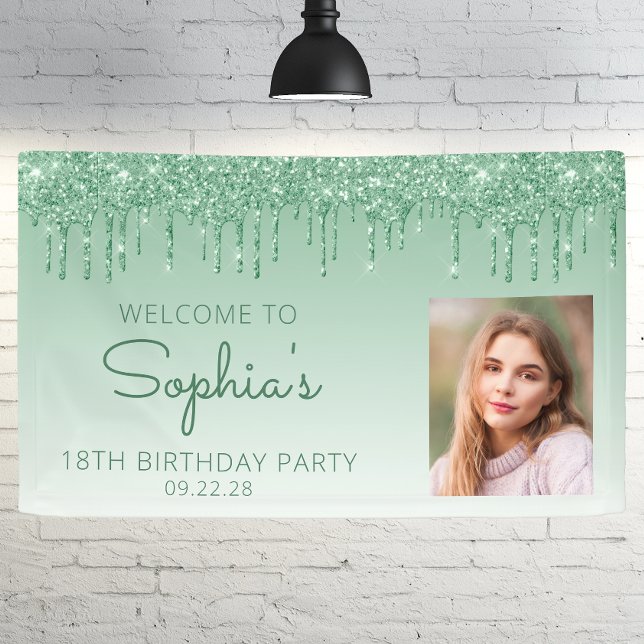 Custom Photo Green Glitter Drip 18th Birthday Banner (Creator Uploaded)