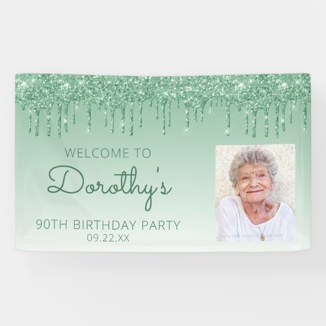 Custom Photo Green Glitter Drip 90th Birthday Banner (Horizontal)