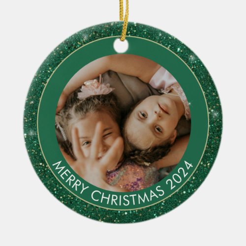 Custom Photo Green Glitter Merry Christmas Ceramic Ornament